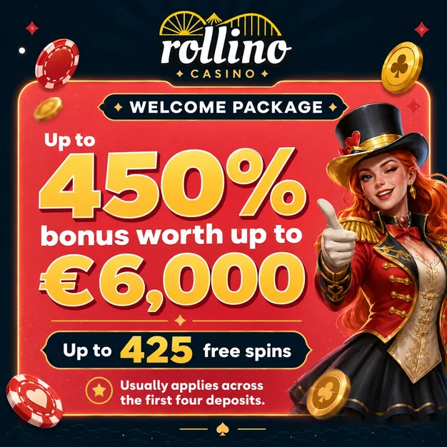 Welcome package card with bonus and free spins at Rollino